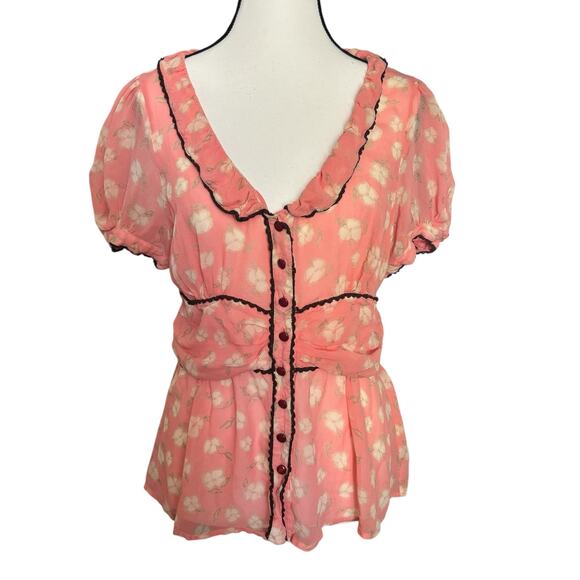 Odille Silk Pink Floral Ruffle Button Blouse Womens Medium Romantic Y2K Anthro - Picture 1 of 7